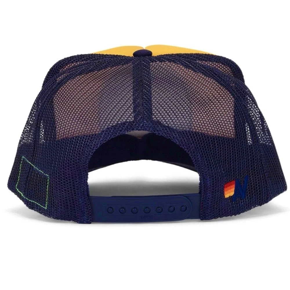 NWT Aviator Nation Aspen Palm Tree Festival Trucker Hat Gold / Navy Blue, Unisex